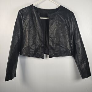 Cropped Faux Leather Open Front Black Women's Jacket 3/4 Sleeve Lined No Size